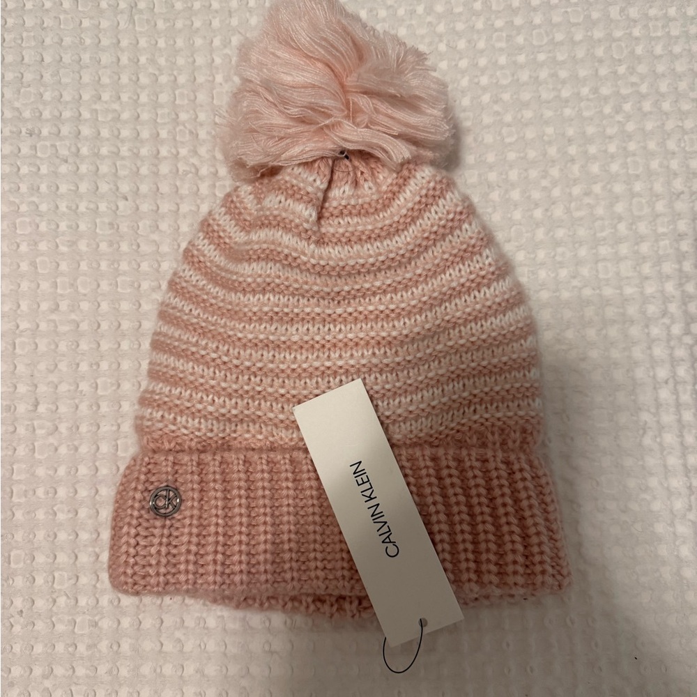 Calvin Klein Pink and White Pom-Pom Beanie
